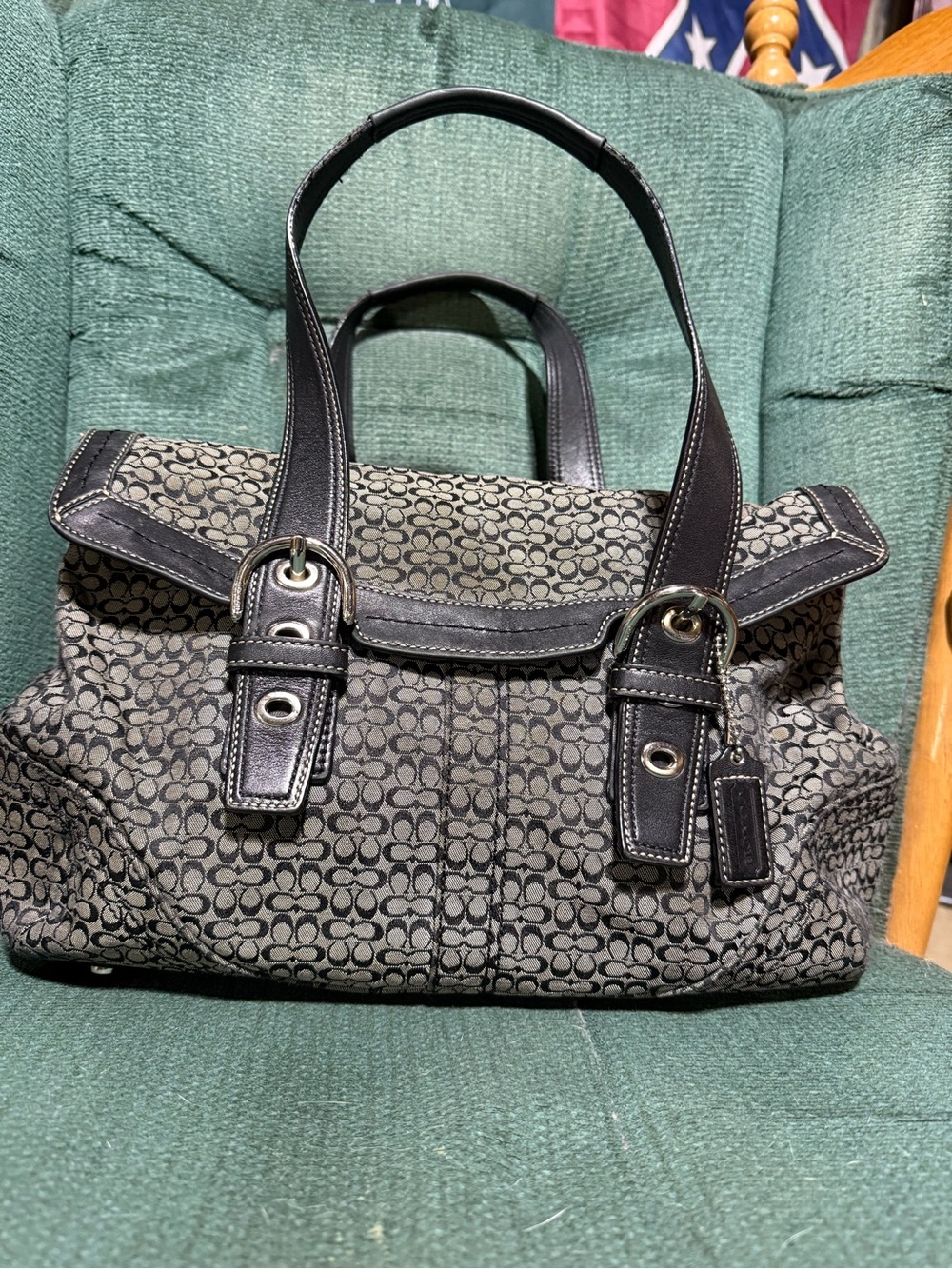 COACH Some Rehab Needed Vintage Soho Signature Jacquard Flap Satchel Black/Grey - Picture 2 of 16